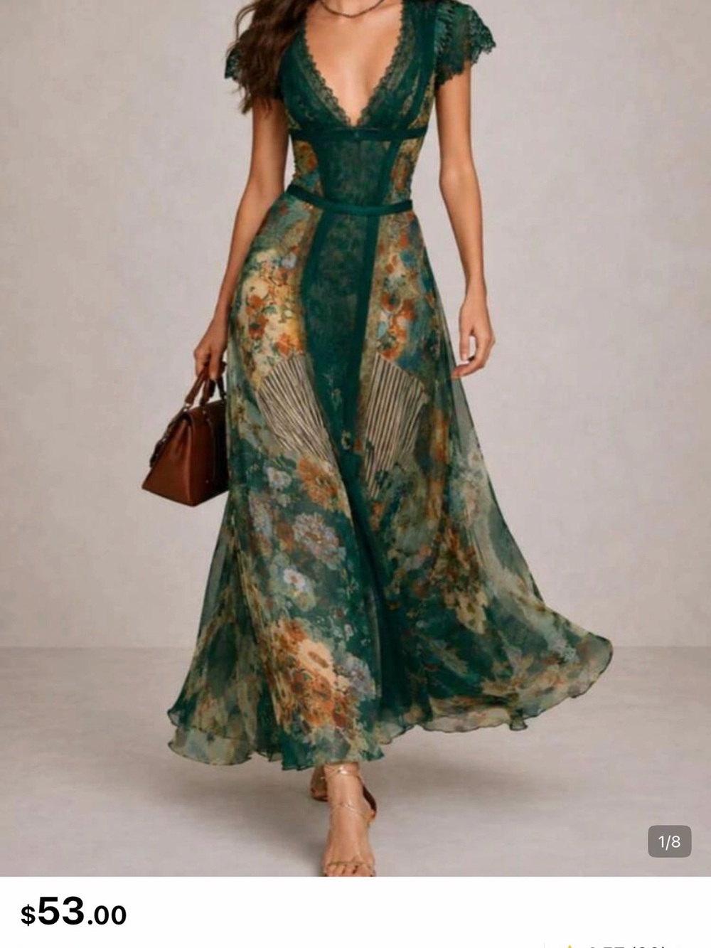 Floral Lace-Trim Deep V Maxi Dress in Green